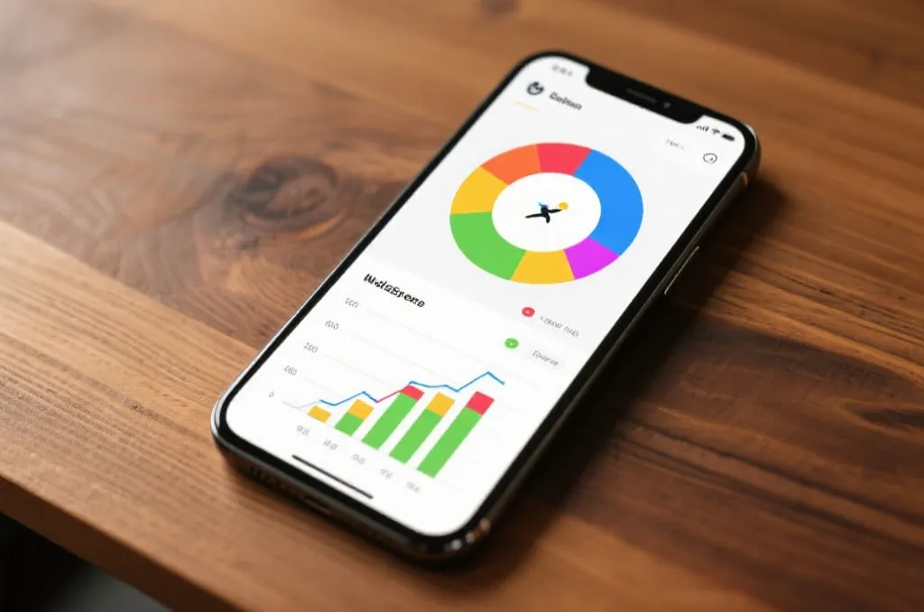 A sleek modern smartphone displaying a colorful sports interface with dynamic charts on a wooden table